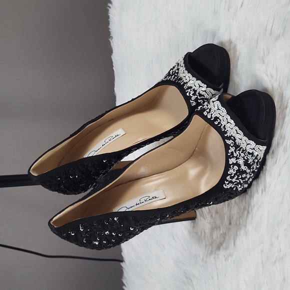Oscar de la Renta Black White Sequin Peep Toe Heels, Size 39.5/ 9.5 US Made in … - Picture 1 of 13